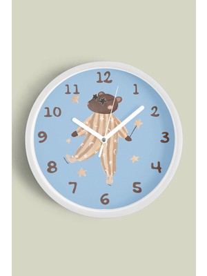 Sihirli Ayı Tasarım Çocuk Odası Duvar Saati - 30CM - Önü Camlı Beyaz Kasa - Sessiz Mekanizma