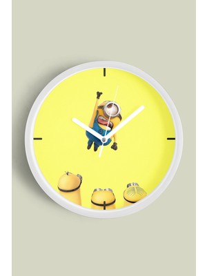 Sevimli Minyonlar Temalı Çocuk Odası Modern Duvar Saati - 30CM - Önü Camlı Beyaz Kasa
