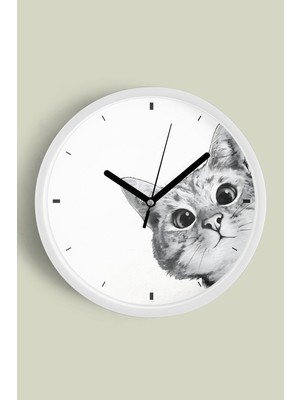 Sevimli Kedi Temalı Modern Duvar Saati - 30CM - Önü Camlı Beyaz Kasa - Sessiz Mekanizma