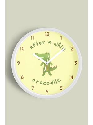 Sevimli Timsah Çocuk Odası Modern Duvar Saati - 30CM - Önü Camlı Beyaz Kasa - Sessiz Mekanizma