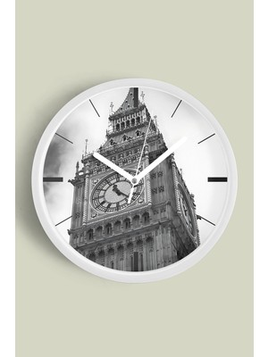 Saat Kulesi - Vintage Temalı Modern Duvar Saati - 30CM - Önü Camlı Beyaz Kasa - Sessiz Mekanizma