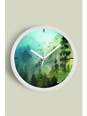 Soyut Doğa Manzara Temalı Modern Duvar Saati - 30CM - Önü Camlı Beyaz Kasa - Sessiz Mekanizma