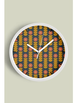 Geometrik Desenli ve Çiçekşli Modern Duvar Saati - 30CM - Önü Camlı Beyaz Kasa - Sessiz Mekanizma