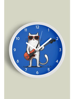 Gitar Çalan Kedi Modern Duvar Saati - 30CM - Önü Camlı Beyaz Kasa - Sessiz Mekanizma