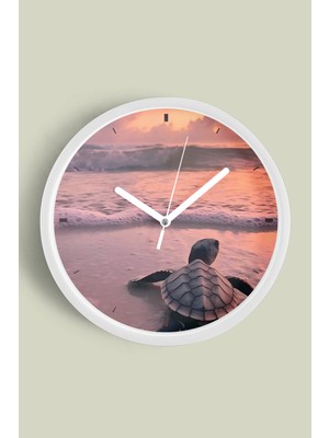 Deniz Kaplumbağası Deniz Manzaralı Modern Duvar Saati - 30CM - Önü Camlı Beyaz Kasa