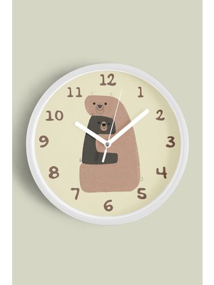 Anne ile Çocuk Ayı Çocuk Odası Duvar Saati - 30CM - Önü Camlı Beyaz Kasa - Sessiz Mekanizma