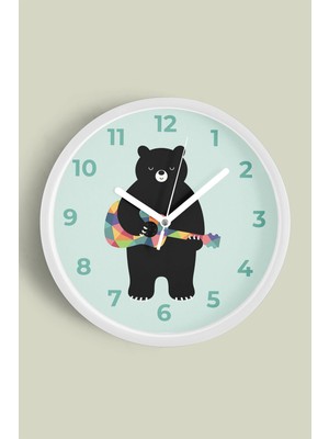 Gitar Çalan Ayı Çocuk Odası Duvar Saati - 30CM - Önü Camlı Beyaz Kasa - Sessiz Mekanizma