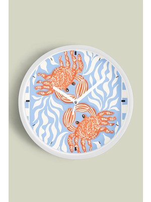 Yengeç Çizimi Modern Duvar Saati - 30CM - Önü Camlı Beyaz Kasa - Sessiz Mekanizma