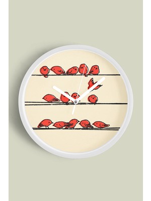 Sevimli Kuş Illüstrasyonlu Dekoratif Modern Duvar Saati - 30CM - Önü Camlı Beyaz Kasa