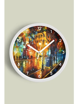 Yağlı Boya Görünümlü Cadde Modern Tasarım Duvar Saati - 30CM - Önü Camlı Beyaz Kasa