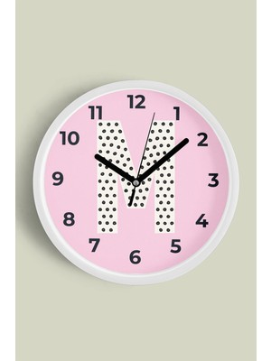M Harfi Kız Odası Duvar Saati - 30CM - Önü Camlı Beyaz Kasa - Sessiz Mekanizma