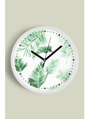 Tropikal Yaprak Desenli Modern Duvar Saati - 30CM - Önü Camlı Beyaz Kasa - Sessiz Mekanizma