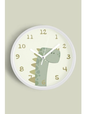 Sevimli Dinozor Çizimli Çocuk Odası Duvar Saati - 30CM - Önü Camlı Beyaz Kasa - Sessiz Mekanizma