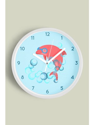 Sevimli Yunus Modern Çocuk Odası Duvar Saati - 30CM - Önü Camlı Beyaz Kasa - Sessiz Mekanizma