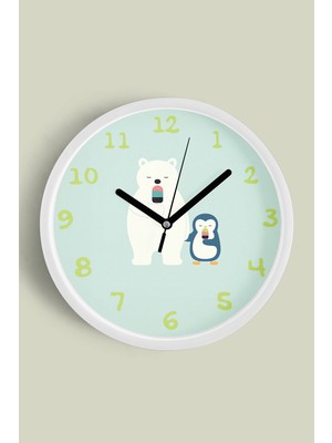Ayı Ile Penguen Çocuk Odası Modern Duvar Saati - 30CM - Önü Camlı Beyaz Kasa - Sessiz Mekanizma