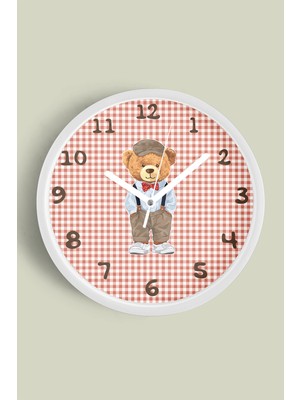 Sevimli Ayı Tasarım Çocuk Odası Duvar Saati - 30CM - Önü Camlı Beyaz Kasa - Sessiz Mekanizma