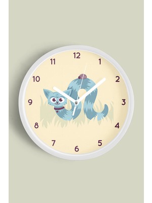 Sevimli Solucan Kedi Modern Çocuk Odası Duvar Saati - 30CM - Önü Camlı Beyaz Kasa - Sessiz Mekanizma