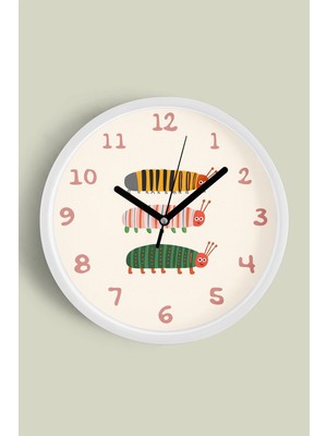 Üç Sevimli Tırtıl Çocuk Odası Duvar Saati - 30CM - Önü Camlı Beyaz Kasa - Sessiz Mekanizma