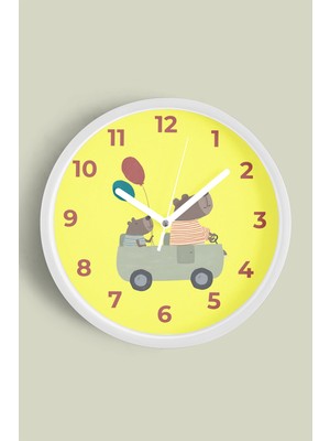 Araba Süren Sevimli Ayılar Çocuk Odası Duvar Saati - 30CM - Önü Camlı Beyaz Kasa - Sessiz Mekanizma