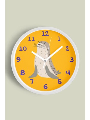 Sevimli Fok Balığı Çocuk Odası Duvar Saati - 30CM - Önü Camlı Beyaz Kasa - Sessiz Mekanizma