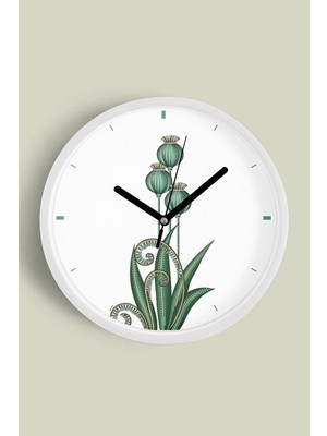 Yeşil Bitki Desenli Modern Dekoratif Duvar Saati - 30CM - Önü Camlı Beyaz Kasa - Sessiz Mekanizma
