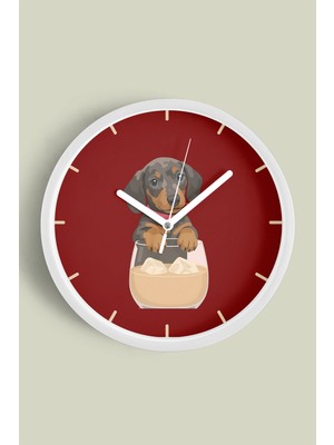 Kahve Seven Sevimli Köpek Modern Duvar Saati - 30CM - Önü Camlı Beyaz Kasa - Sessiz Mekanizma