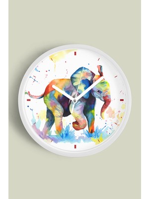 Renkli Fil Desenli Modern Duvar Saati - 30CM - Önü Camlı Beyaz Kasa - Sessiz Mekanizma