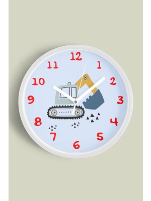 Iş Makinesi / Kepçe Arabası Tasarımlı Çocuk Odası Duvar Saati - 30CM - Önü Camlı Beyaz Kasa