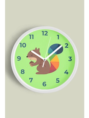 Sevimli Sincap Çocuk Odası Duvar Saati - 30CM - Önü Camlı Beyaz Kasa - Sessiz Mekanizma
