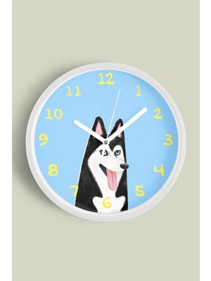 Husky Köpek Illüstrasyonlu Modern Duvar Saati - Çocuk Odası Duvar Saati - 30CM - Önü Camlı