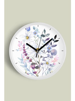 Soyut Renkli Çiçek Temalı Modern Duvar Saati - 30CM - Önü Camlı Beyaz Kasa - Sessiz Mekanizma