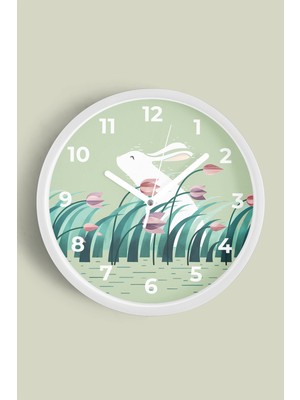 Sevimli Tavşan Çocuk Odası Modern Duvar Saati - 30CM - Önü Camlı Beyaz Kasa - Sessiz Mekanizma