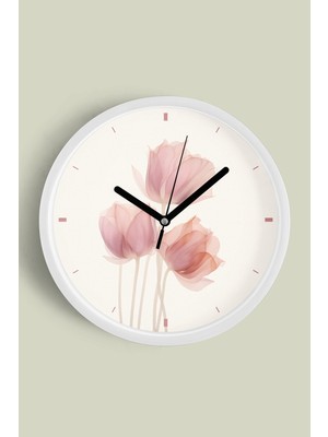 Gül Çiçek Tasarım Modern Duvar Saati - 30CM - Önü Camlı Beyaz Kasa - Sessiz Mekanizma