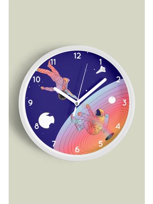 Uzay - Astronot - Astronomi Temalı Çocuk Odası Modern Duvar Saati - 30CM - Önü Camlı Beyaz Kasa