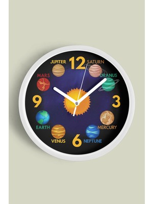 Güneş ve Gezegenler Modern Tasarım Duvar Saati - 30CM - Önü Camlı Beyaz Kasa - Sessiz Mekanizma