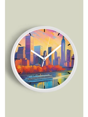 Şehir Silüeti Modern Duvar Saati - 30CM - Önü Camlı Beyaz Kasa - Sessiz Mekanizma