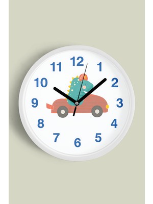 Sevimli Dinozor Araba Temalı Çocuk Odası Duvar Saati - 30CM - Önü Camlı Beyaz Kasa