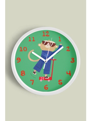 Scooter Yapan Artist Maymun Çocuk Odası Duvar Saati - 30CM - Önü Camlı Beyaz Kasa - Sessiz Mekanizma
