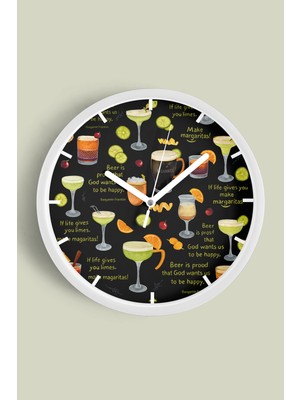 Kokteyl Bardağı Modern Tasarım Duvar Saati - 30CM - Önü Camlı Beyaz Kasa - Sessiz Mekanizma