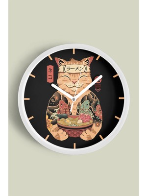 Kedi Ramen Modern Tasarım Duvar Saati - 30CM - Önü Camlı Beyaz Kasa - Sessiz Mekanizma