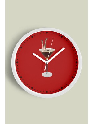 Modern Kokteyl Temalı  Duvar Saati - 30CM - Önü Camlı Beyaz Kasa - Sessiz Mekanizma