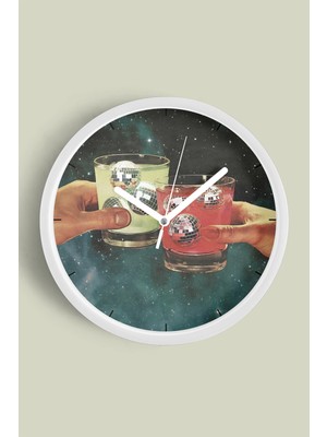 Modern Kokteyl Temalı Duvar Saati - 30CM - Önü Camlı Beyaz Kasa - Sessiz Mekanizma