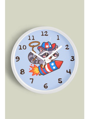 Roket Üstünde Kovboy Rakun Çocuk Odası Duvar Saati - 30CM - Önü Camlı Beyaz Kasa - Sessiz Mekanizma