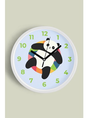 Sevimli Panda Tasarım Çocuk Odası Duvar Saati - 30CM - Önü Camlı Beyaz Kasa - Sessiz Mekanizma