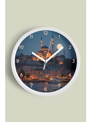 Istanbul Boğazı ve Cami Manzaralı Modern Duvar Saati - 30CM - Önü Camlı Beyaz Kasa