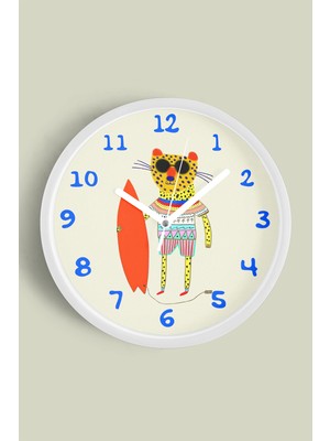 Sörf Tahtalı Leopar Çocuk Odası Duvar Saati - 30CM - Önü Camlı Beyaz Kasa - Sessiz Mekanizma