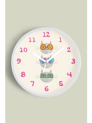 Sevimli Kediler Modern Duvar Saati - Çocuk Odası Duvar Saati - 30CM - Önü Camlı Beyaz Kasa