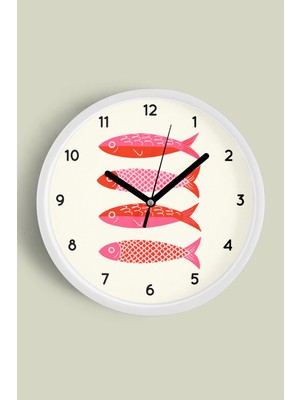Renkli Balıklar Tasarım Modern Duvar Saati - Çocuk Odası Duvar Saati - 30CM - Önü Camlı Beyaz Kasa