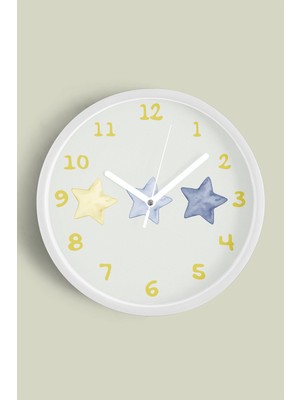 Renkli Yıldızlar Çocuk Odası Duvar Saati - 30CM - Önü Camlı Beyaz Kasa - Sessiz Mekanizma