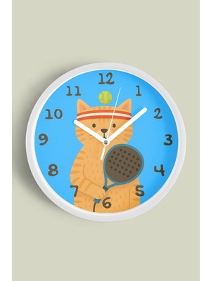 Tenisçi Kedi Çocuk Odası Duvar Saati - 30CM - Önü Camlı Beyaz Kasa - Sessiz Mekanizma